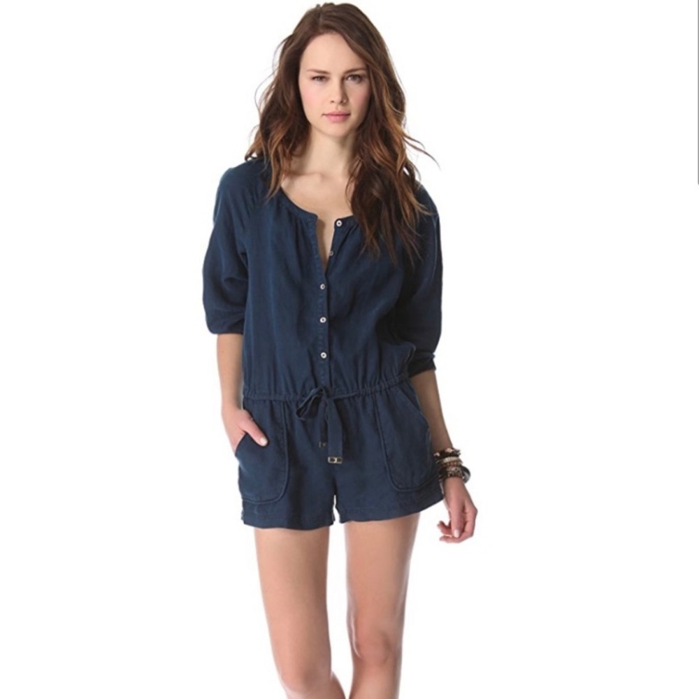 Juicy Couture Beach Linen Short Sleeve Romper Regal Navy Blue - Size Small